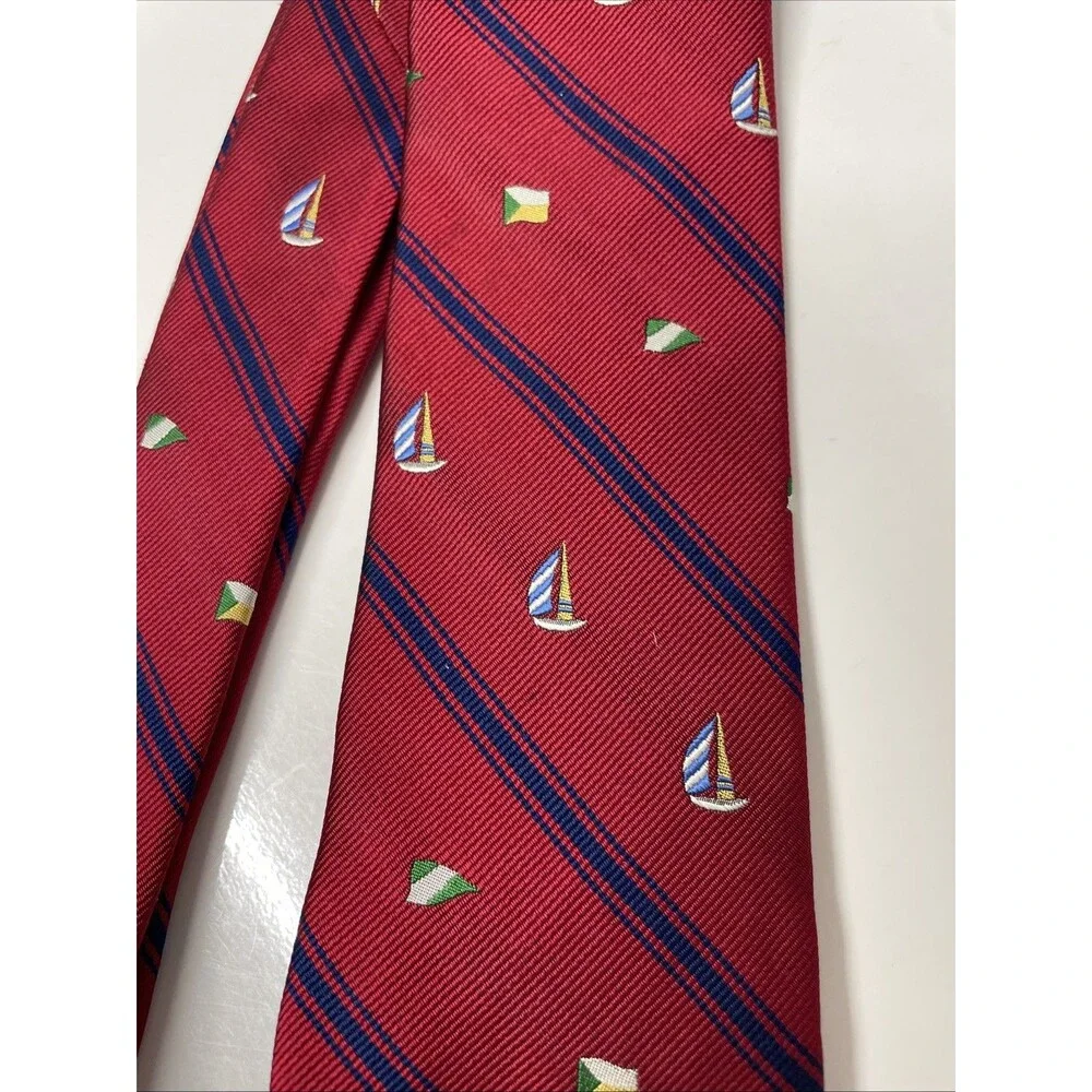 Vintage J.Crew Tie Red Blue Stripe Sailboat Pattern 100% Silk Made in USA